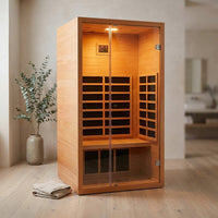 1 Person Extendable FAR Infrared Sauna for Home, Hemlock Wood Low EMF 6 Carbon Heaters Indoor Saunas with LED Lights, Bluetooth Speaker, Digital Control Panel, and Seating Bench — Studio Shot